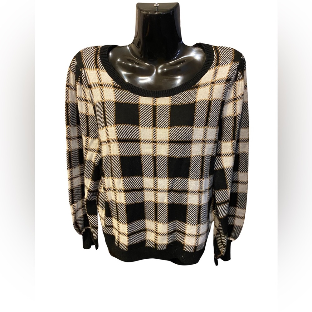 Cato Sz Medium Plaid Pullover Scoop Neck Long Lantern Sleeves Sweater